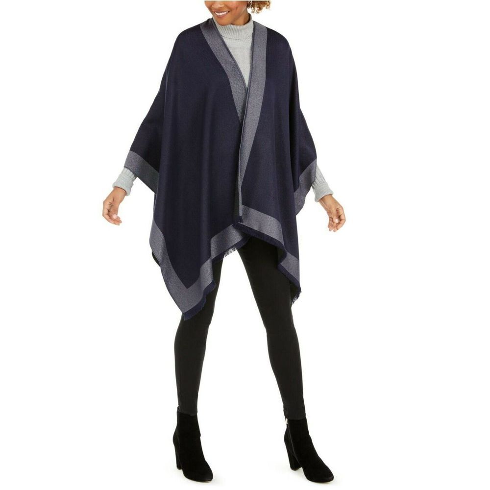 Calvin Klein Metallic Border Ruana Wrap Shawl Navy Grey One Size Rtl $88 - Picture 2 of 2